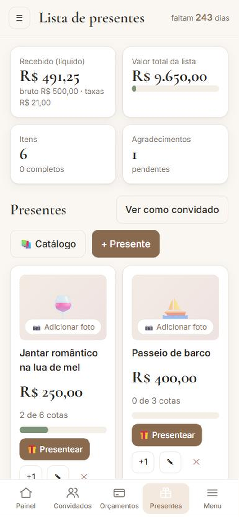 Lista de presentes no celular