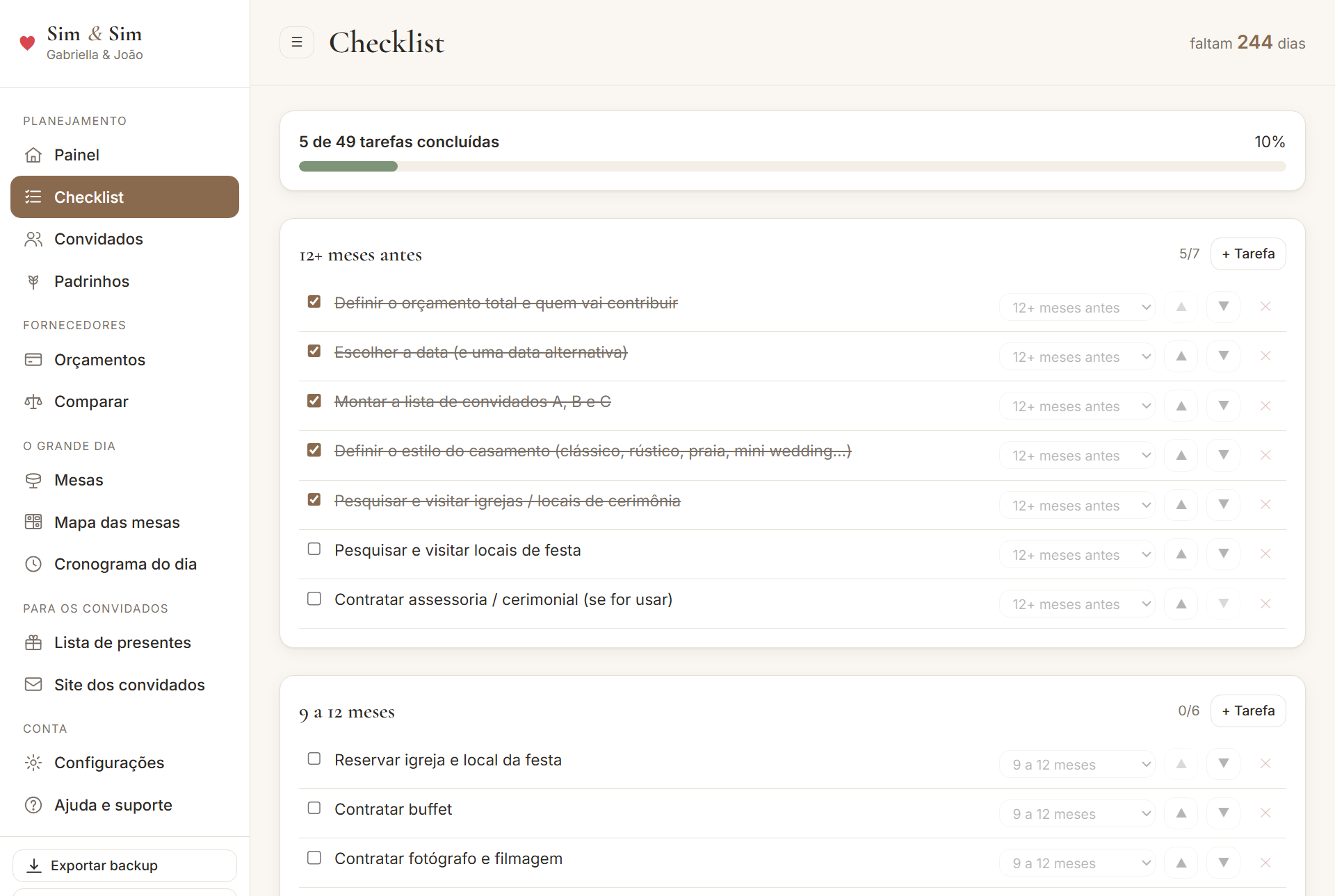 Checklist de tarefas organizado por fase