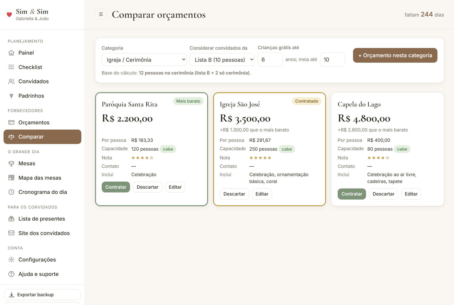 Comparação de orçamentos de igrejas lado a lado
