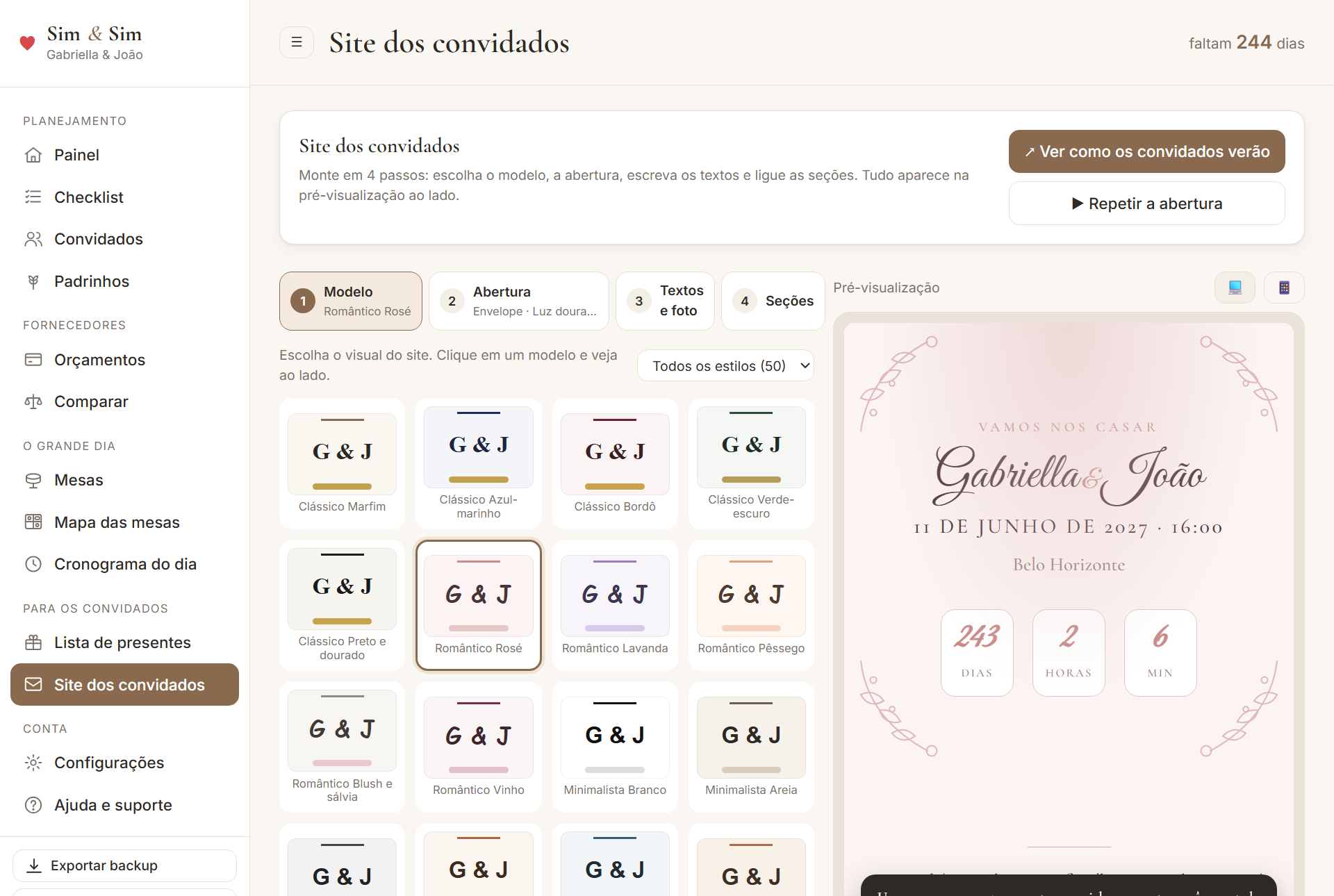 Editor do site dos convidados com a galeria de modelos e a pré-visualização ao lado
