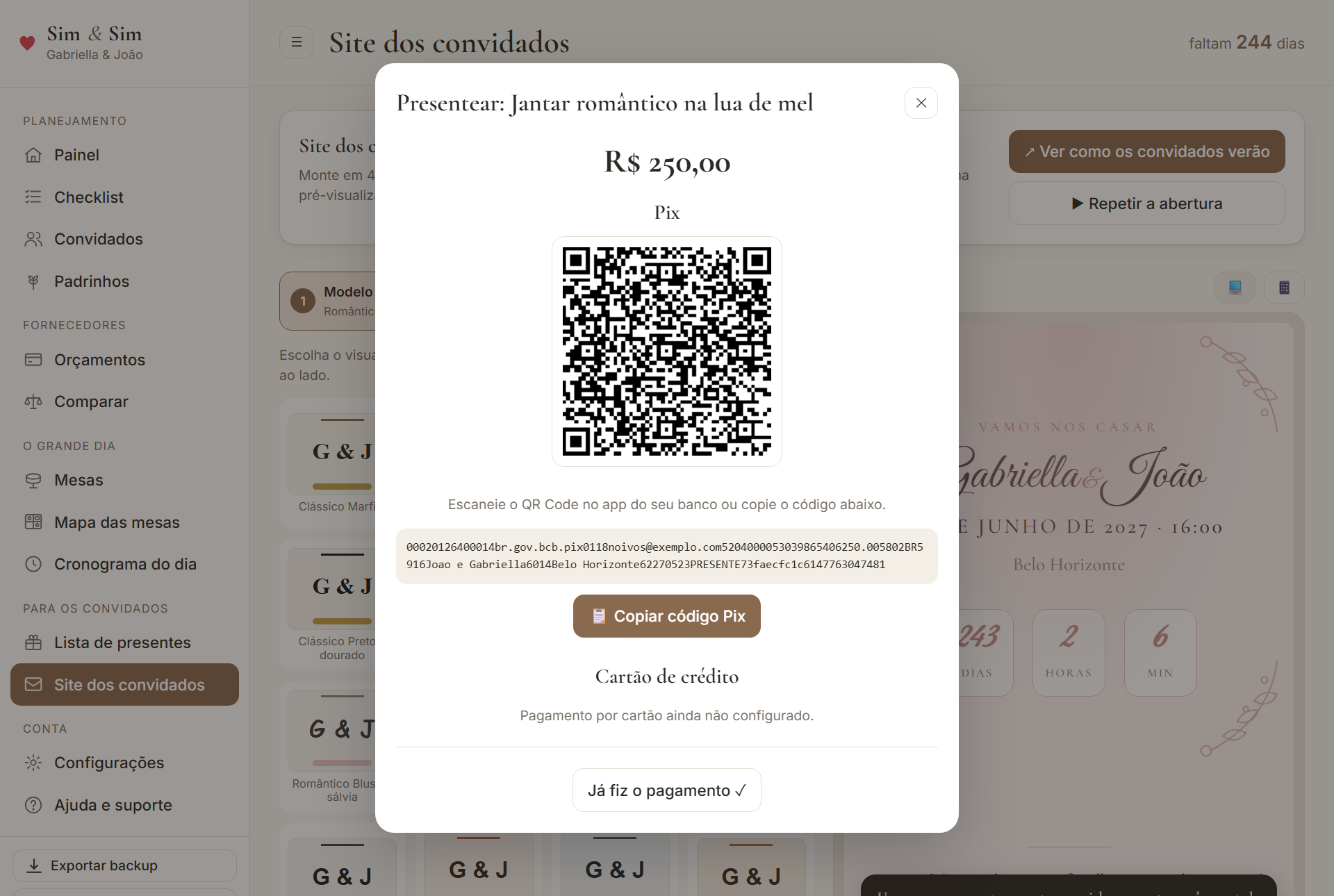 Site dos convidados com QR Code Pix para presentear